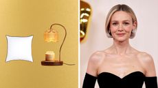 Carey Mulligan in a black dress at the 2024 Oscars next to a gold background with mid century modern, old-school hollywood decor including a lamp and black and white pillow