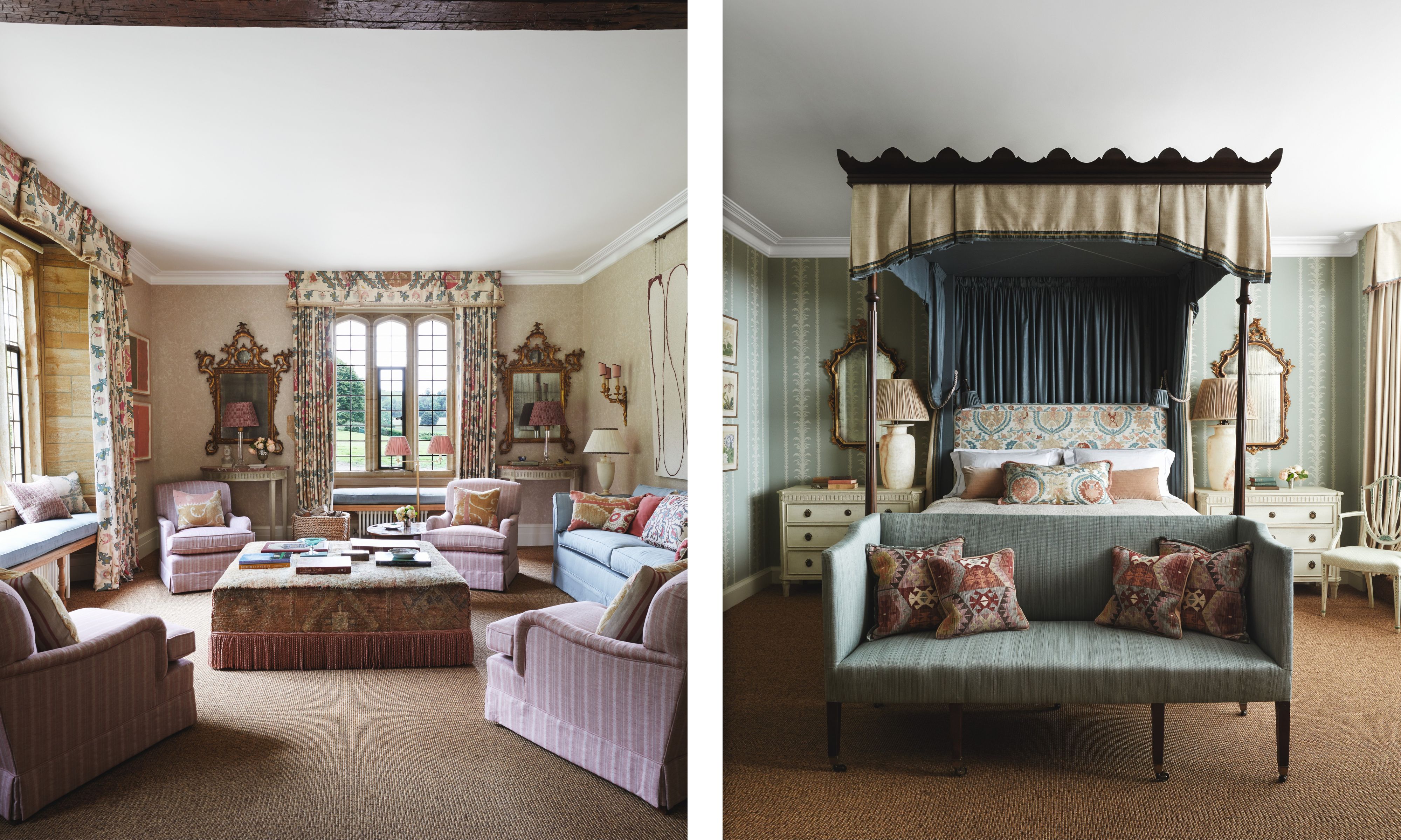 two side by side images of grand traditional english living room and bedroom with statement drapes and a four poster bed with canopy