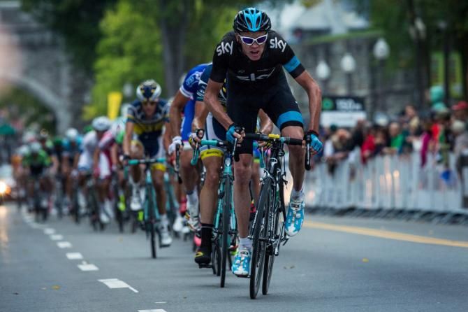 2013 Tour de france champion Chris Froome (Sky) takes a strong pull at the head of the peloton
