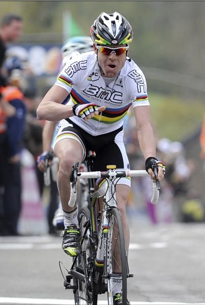 Cadel Evans (BMC) is the first man across the line at La Fl&eacute;che Wallonne