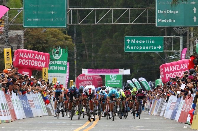 Sebastian Molano (UAE Team Emirates) puts his head down and goes for the win on stage 3 of the Tour Colombia 2.1