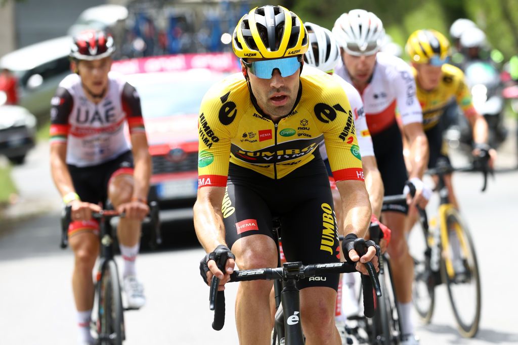 Tom Dumoulin (Jumbo-Visma) works for teammate Koen Bouwman, eventual winner, on stage 7 of the Giro