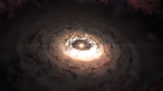 Concentric circles of yellow dust increasing in brightness toward a central bright yellow star