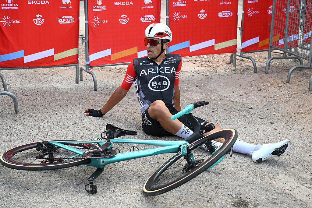 GUIJUELO, SPAIN - SEPTEMBER 12: Jenthe Biermans of Belgium and Team Arkea - B&B Hotels reacts after the La Vuelta - 80th Tour of Spain 2025, Stage 19 a 161.9km stage from Rueda to Guijuelo / #UCIWT / on September 12, 2025 in Guijuelo, Spain. (Photo by Dario Belingheri/Getty Images)