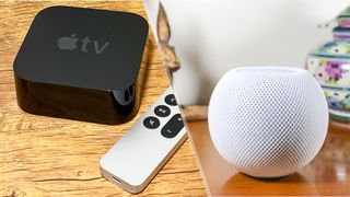 The Apple TV 4K with new Siri remote and a HomePod mini