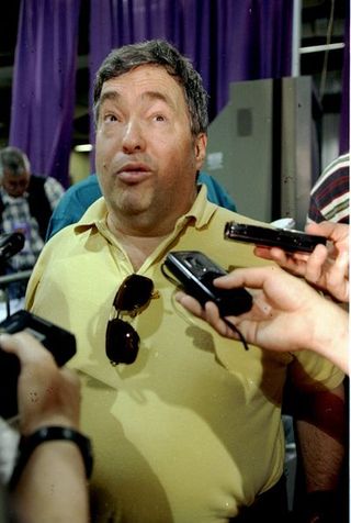 jerry krause, 10 jun 1997 chicago bulls general manager jerry krause talks to the media during a practice session, prior to an nba finals game between the utah jazz and the chicago bulls at the delta center in salt lake city, utah mandatory credit brian bahr allsport