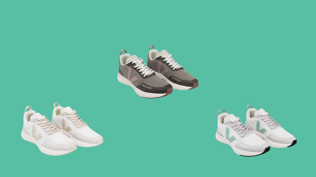 A product shot of the Veja Impala running trainer on a green backgroundreview