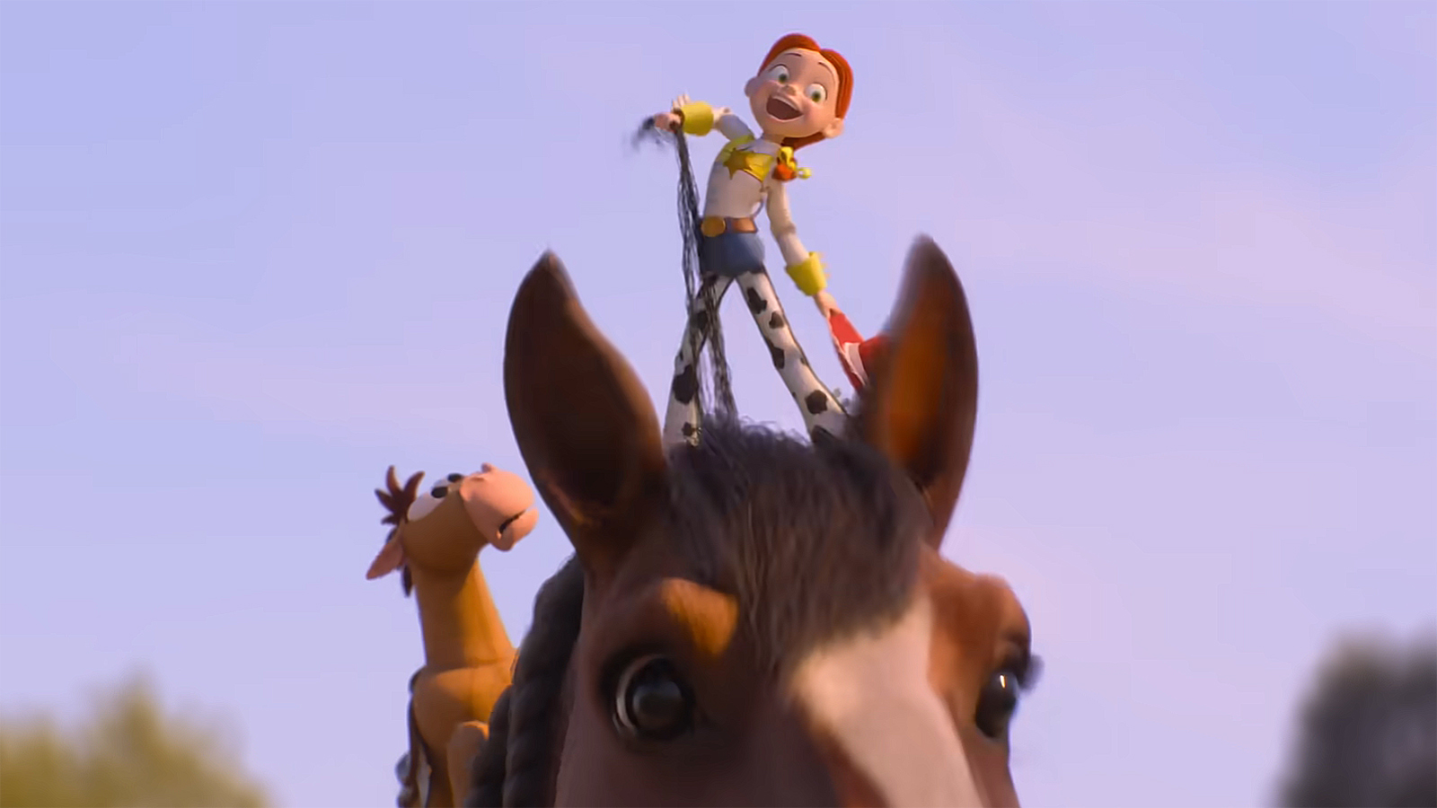 Jessie preparing to ride a real horse named Daffodil as a worried Bullseye looks on in Toy Story 5