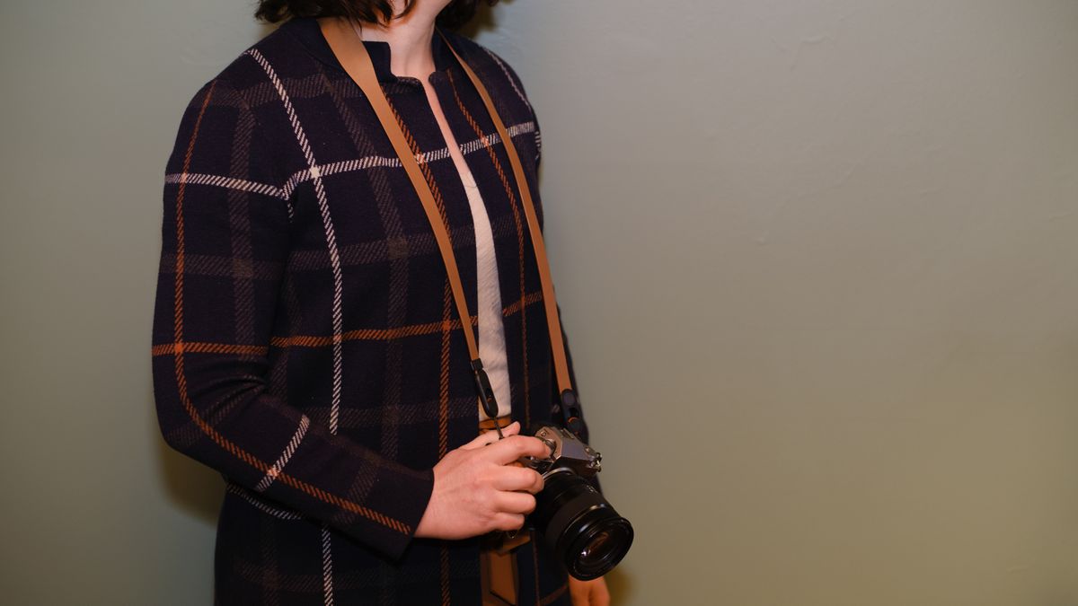 The Peak Design Form leather camera strap in the Amber color