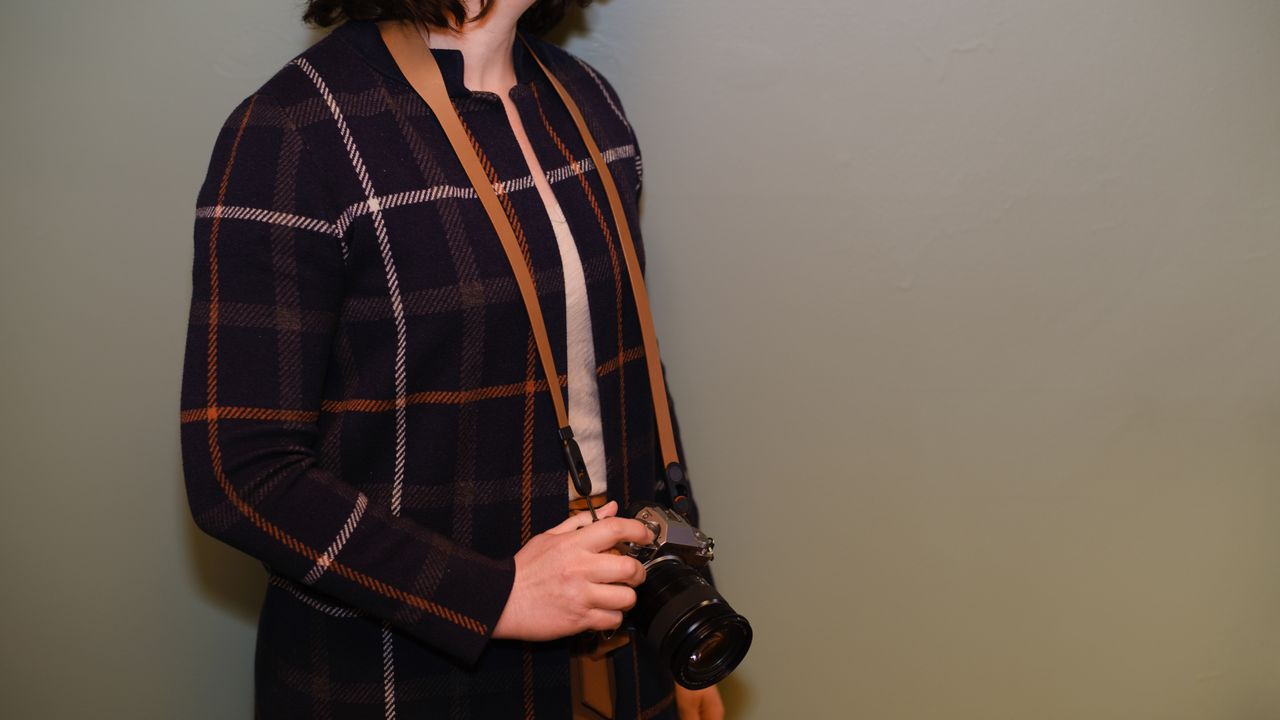 The Peak Design Form leather camera strap in the Amber color