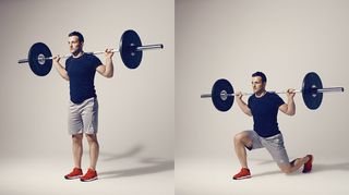 Man demonstrates two positions of the barbell reverse lunge exercise
