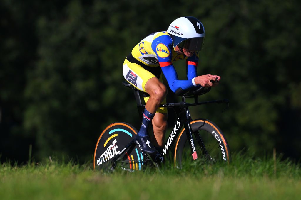 DIFFERDANGE LUXEMBOURG SEPTEMBER 21 Mauri Vansevenant of Belgium and Team Soudal QuickStep Yellow Leader Jersey sprints during the 84th Tour de Luxembourg 2024 Stage 4 a 155km individual time trial stage from Differdange to Differdange UCIWT on September 21 2024 in Differdange Luxembourg Photo by Tim de WaeleGetty Images