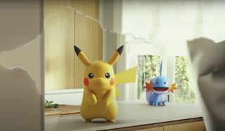 Pokemon Go Pikachu and Mudkip stand on a kitchen counter
