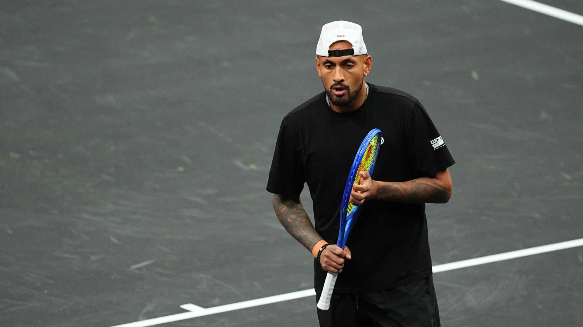Nick Kyrgios between points during a match against Alexander Bublik during the Las Vegas MGM Slam in March