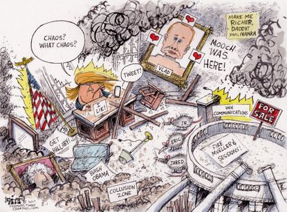 Political cartoon U.S. Trump White House chaos Mueller Session Scaramucci Russia