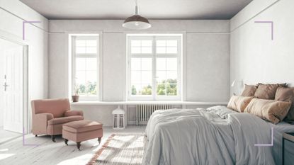 a clean bedroom with white walls, two big windows, a pink armchair and a big bed, used to illustrate a piece on how to clean your room fast