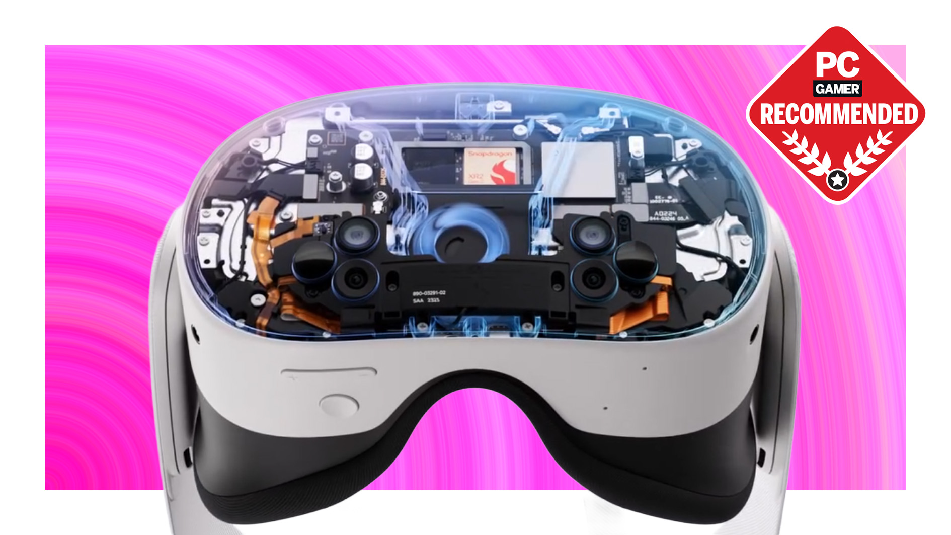 Quest 3S with its internals on display over a pink background with the PC Gamer logo in the top right.