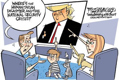 Political cartoon U.S. Trump wall government shutdown emergency