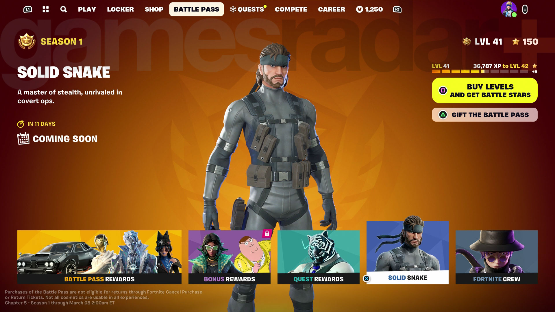 Fortnite Solid Snake sur l'écran Battle Pass