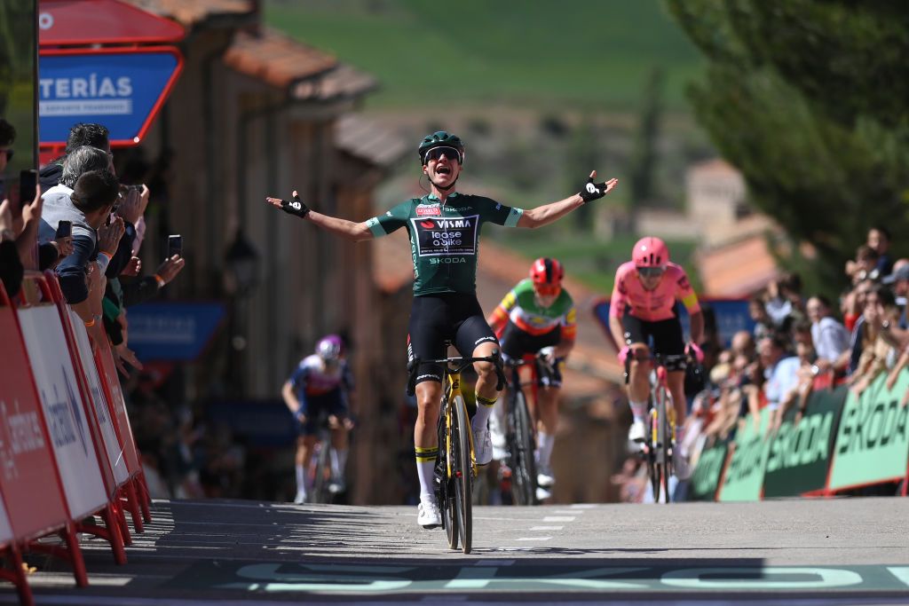 SIGUENZA SPAIN MAY 04 Marianne Vos of The Netherlands and Team Visma Lease a Bike Green points jersey celebrates at finish line as stage winner during the 10th La Vuelta Femenina 2024 Stage 7 a 1386km stage from San Esteban de Gormaz to Siguenza 1030m UCIWT on May 04 2024 in Siguenza Spain Photo by Alex BroadwayGetty Images