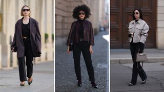 A composite of street style influencers showing jeans be business casual black jeans