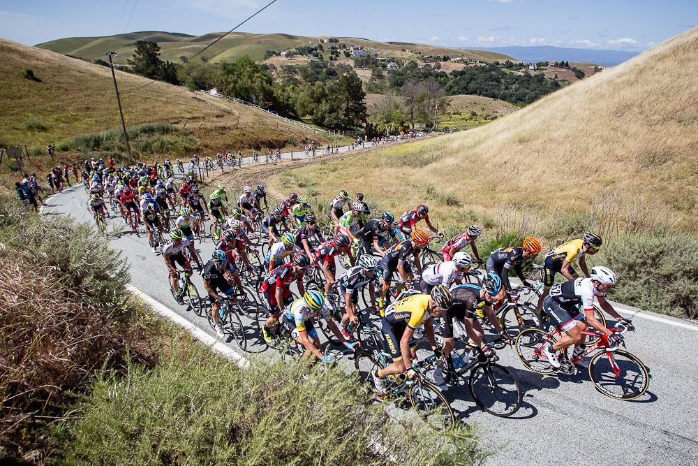 The peloton climbs near San Jose during stage 3 of the 2015 Tour of California.
