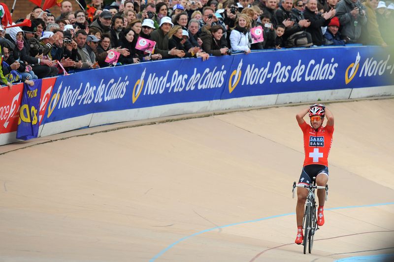 Fabian Cancellara can't belief his second win at Roubaix in 2010