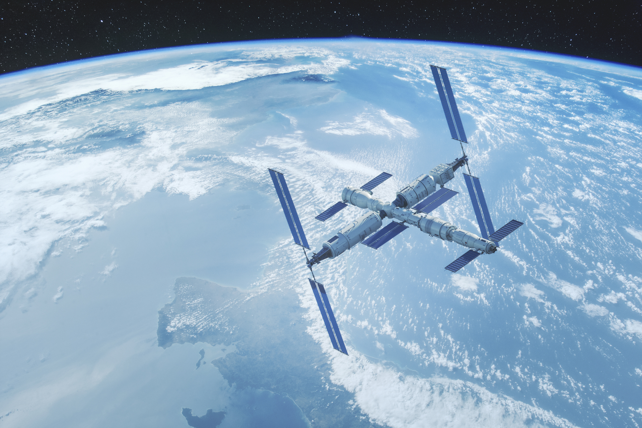 Chinese Tianhe core module of the Tiangong space station - flying over the Central America