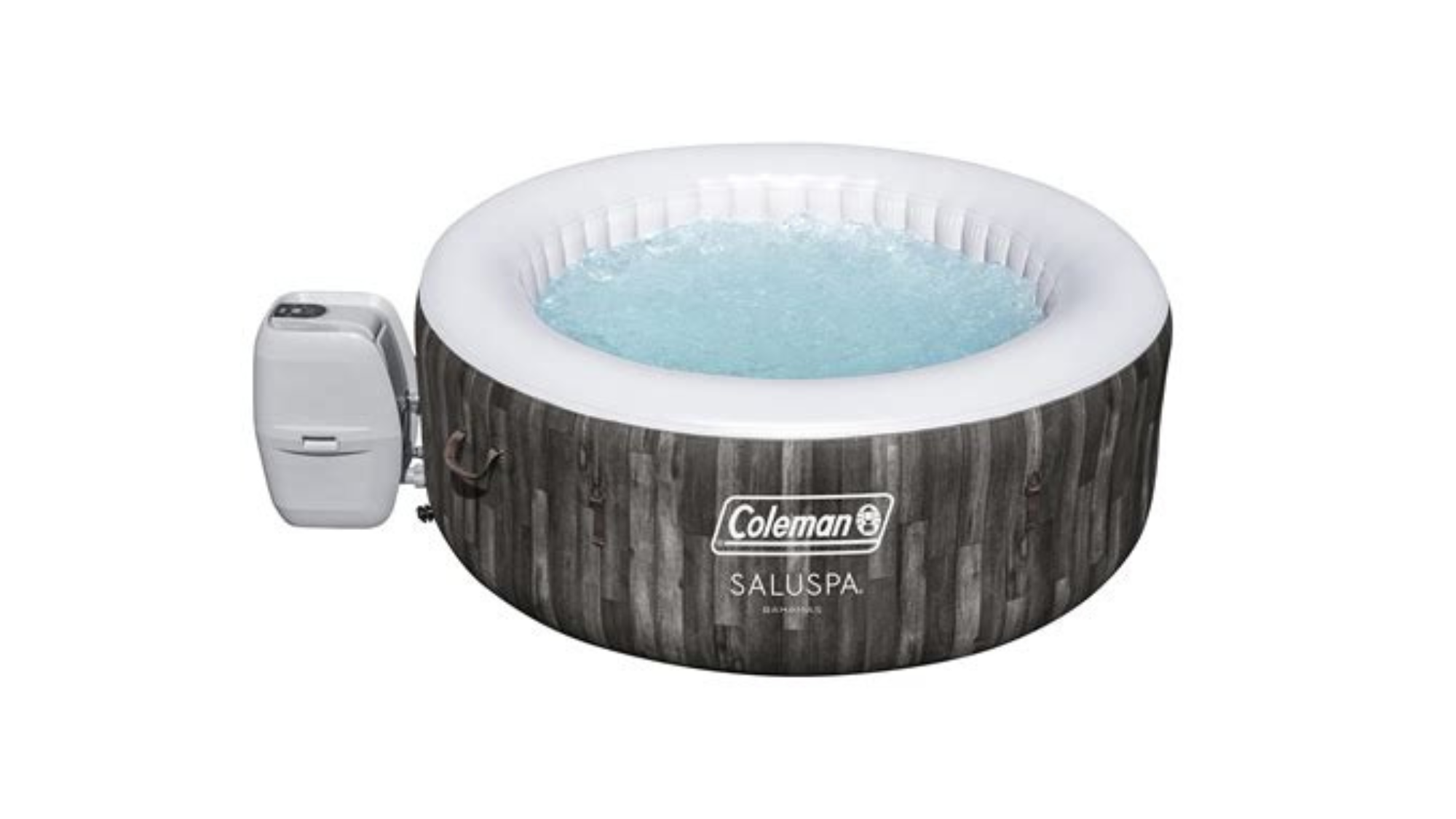 Coleman SaluSpa AirJet inflatable hot tub with wood effect on white background