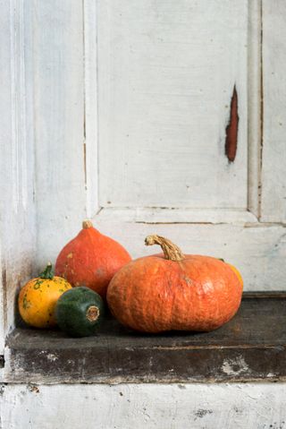 Three different shaped pumpkins on a doorstep in front of a white door