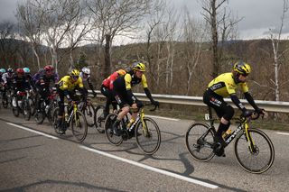 Team Visma-Lease a Bike's Norwegian rider Per Strand Hagenes (R) and Team Visma-Lease a Bike's US rider Matteo Jorgenson cycle during the 5th stage of the Paris-Nice cycling race, 203,3 km between Saint-Just-en-Chevalet and La CÃ´te-Saint-AndrÃ©, on March 13, 2025. (Photo by Anne-Christine POUJOULAT / AFP)