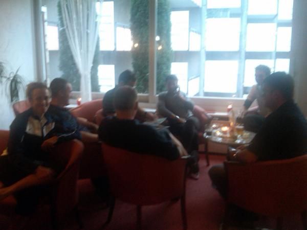 In the lounge with the staff. They are drinking beer...I'm drinking Diet Coke.