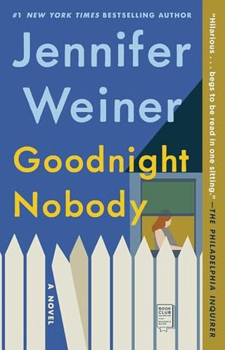 'Goodnight Nobody' book cover with a broken fence in front of a house with a woman in the window