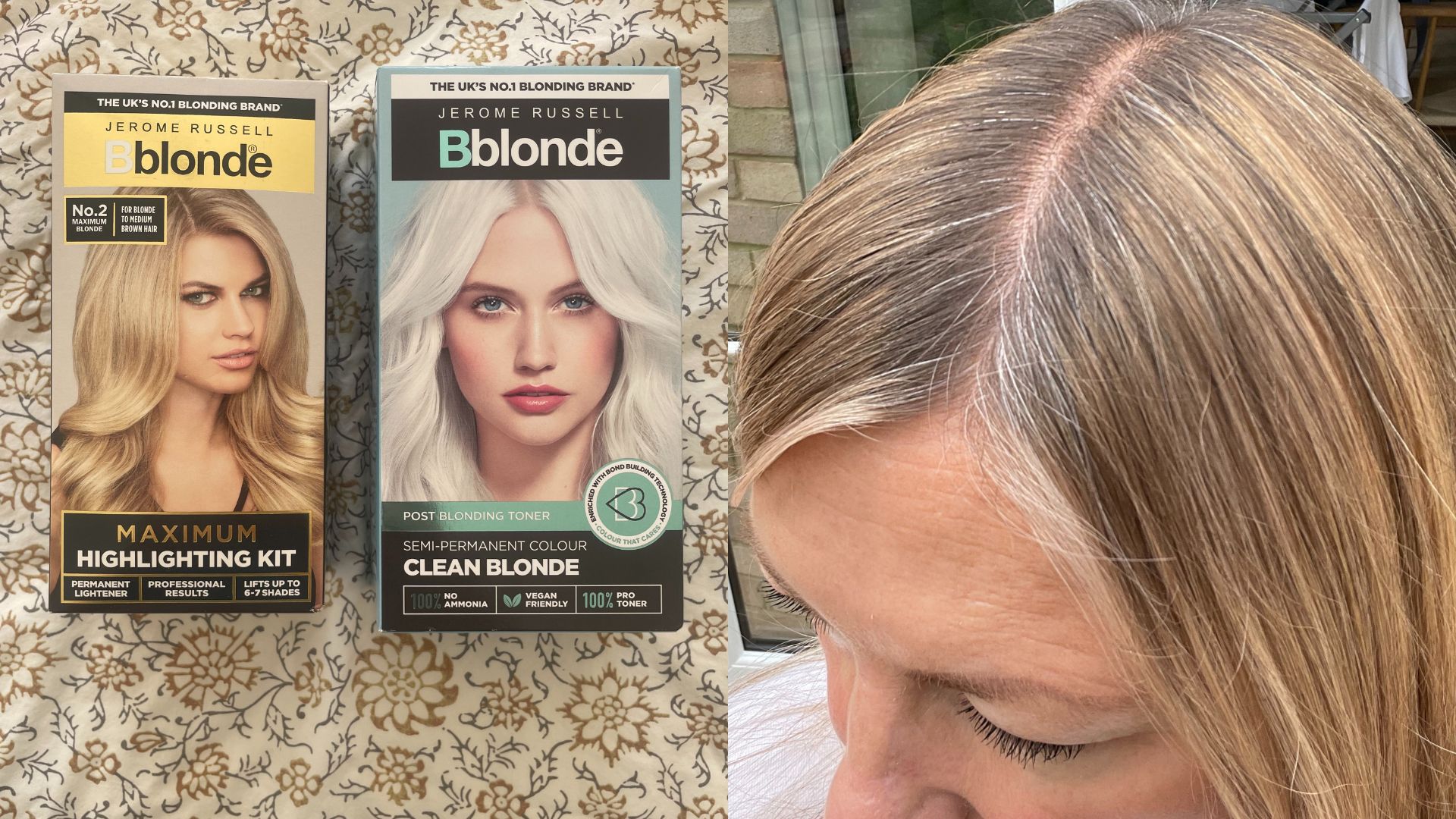 An image of two boxes of Jerome Russell highlight kit and root smudge kit next to Sarah Cooper White with highlighted hair and some dark and grey roots showing