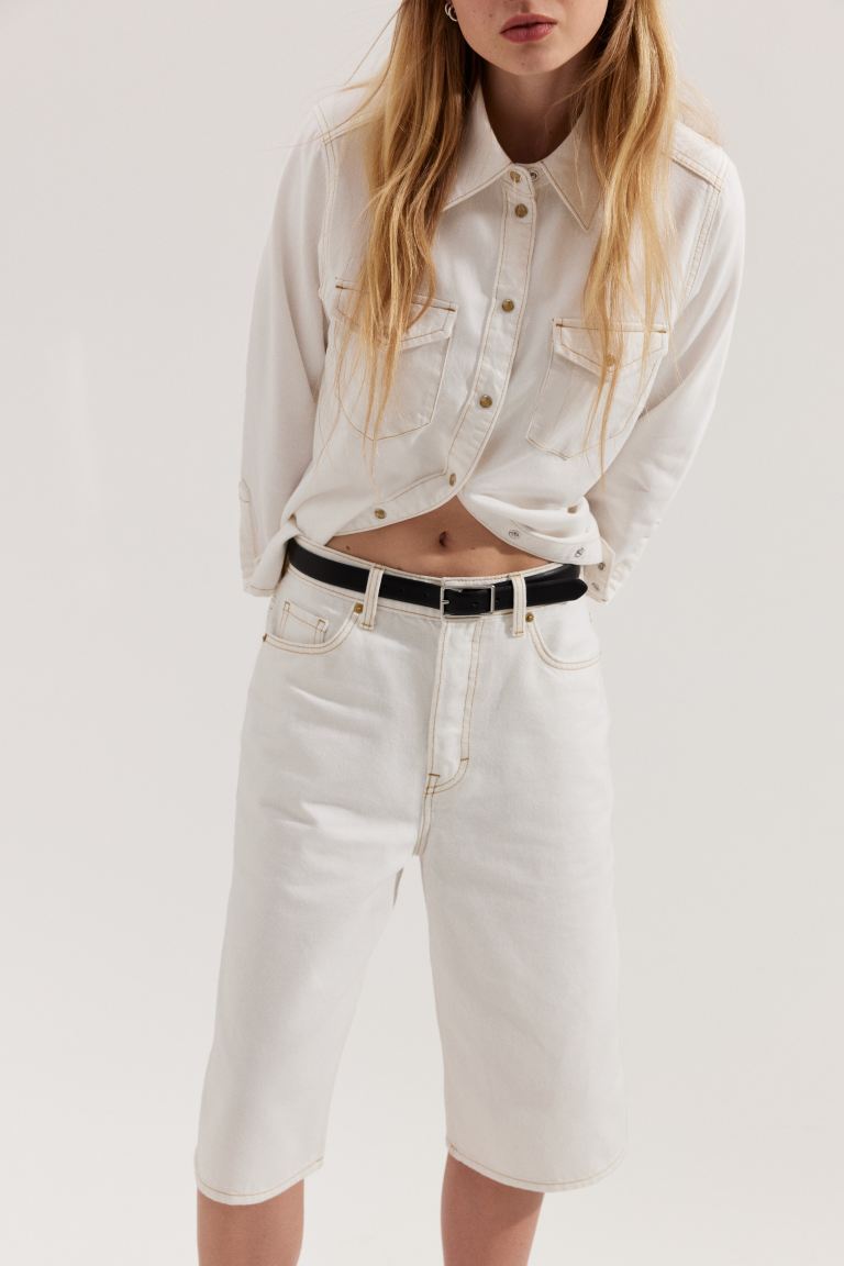 High-Waist Knee-Length Denim Shorts