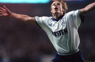 Jurgen Klinsmann celebrates a goal for Tottenham against Sheffield Wednesday in 1994.