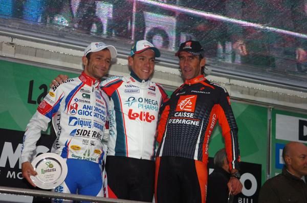 2010 Giro di Lombardia podium (l-r): Michele Scarponi, 2nd; Philippe Gilbert, 1st; Pablo Lastras Garcia, 3rd