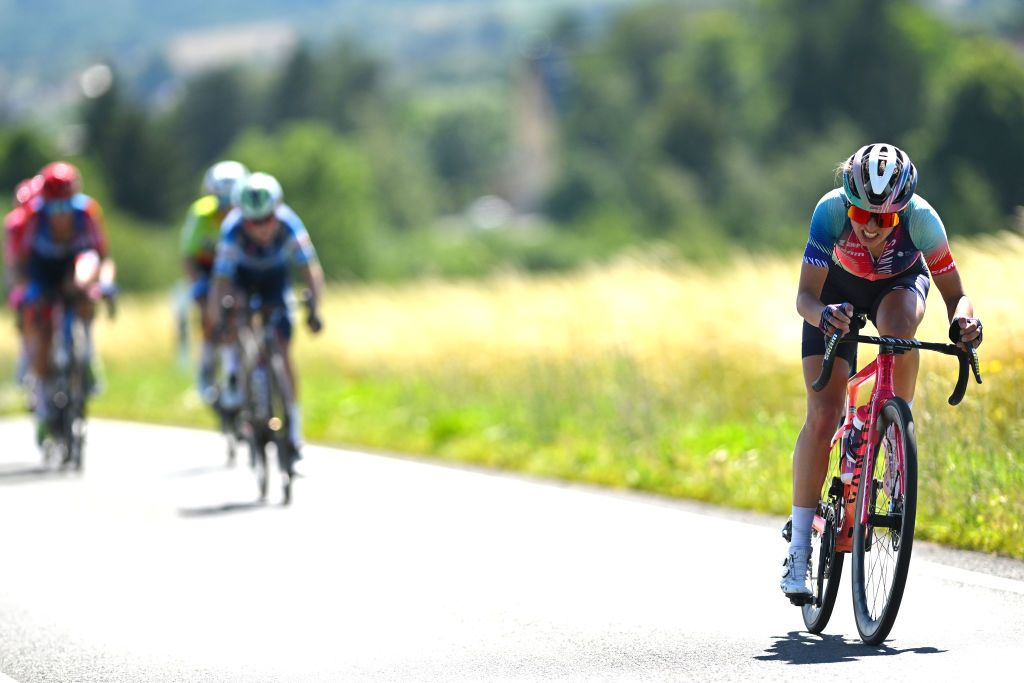 MUHLHAUSEN GERMANY JUNE 28 Katarzyna Niewiadoma of Poland and Team CanyonSRAM Racing competes in the breakaway during the 36th Internationale LOTTO Thringen Ladies Tour 2024 Stage 4 a 1114km stage from Muhlhausen to Muhlhausen on June 28 2024 in Muhlhausen Germany Photo by Luc ClaessenGetty Images