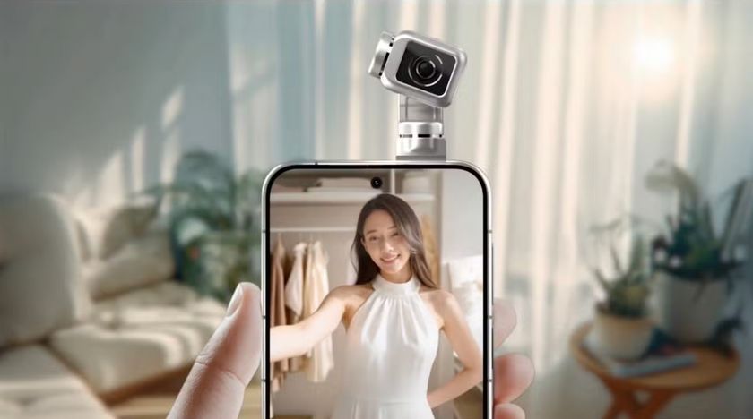 A concept image of an Honor Robot Phone being held in someone&#039;s hand with an image of a young woman on the screen and the pop-up camera arm extended