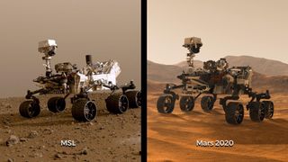 Illustrations of NASA's Curiosity (also known as the Mars Science Laboratory, or MSL) and Mars 2020 rovers. While the newest rover borrows from Curiosity's design, each has its own role in the ongoing exploration of Mars and the search for ancient life.