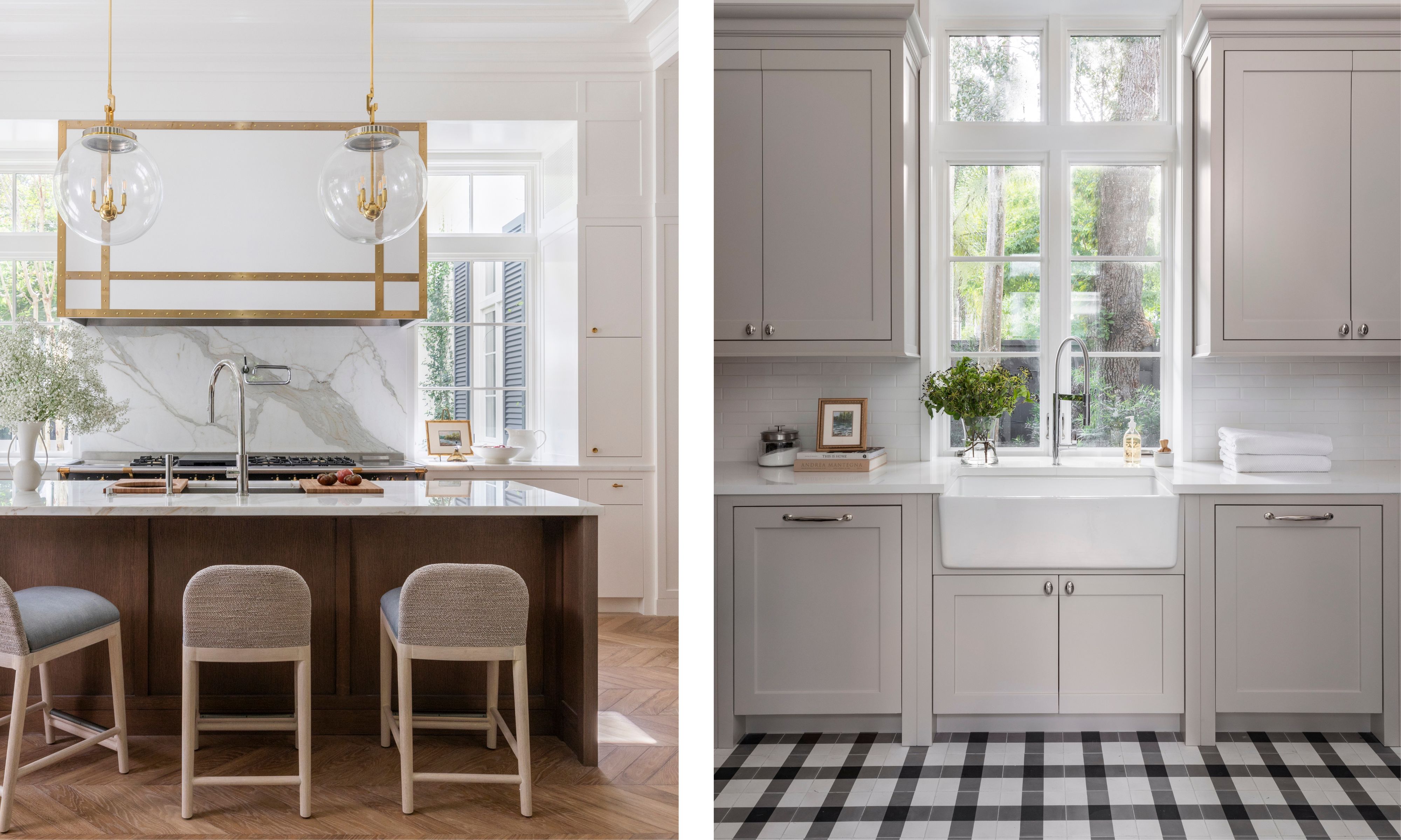 two side by side images of white and wooden kitchen on the left and a neutral laundry room on the right with gingham tiled floor