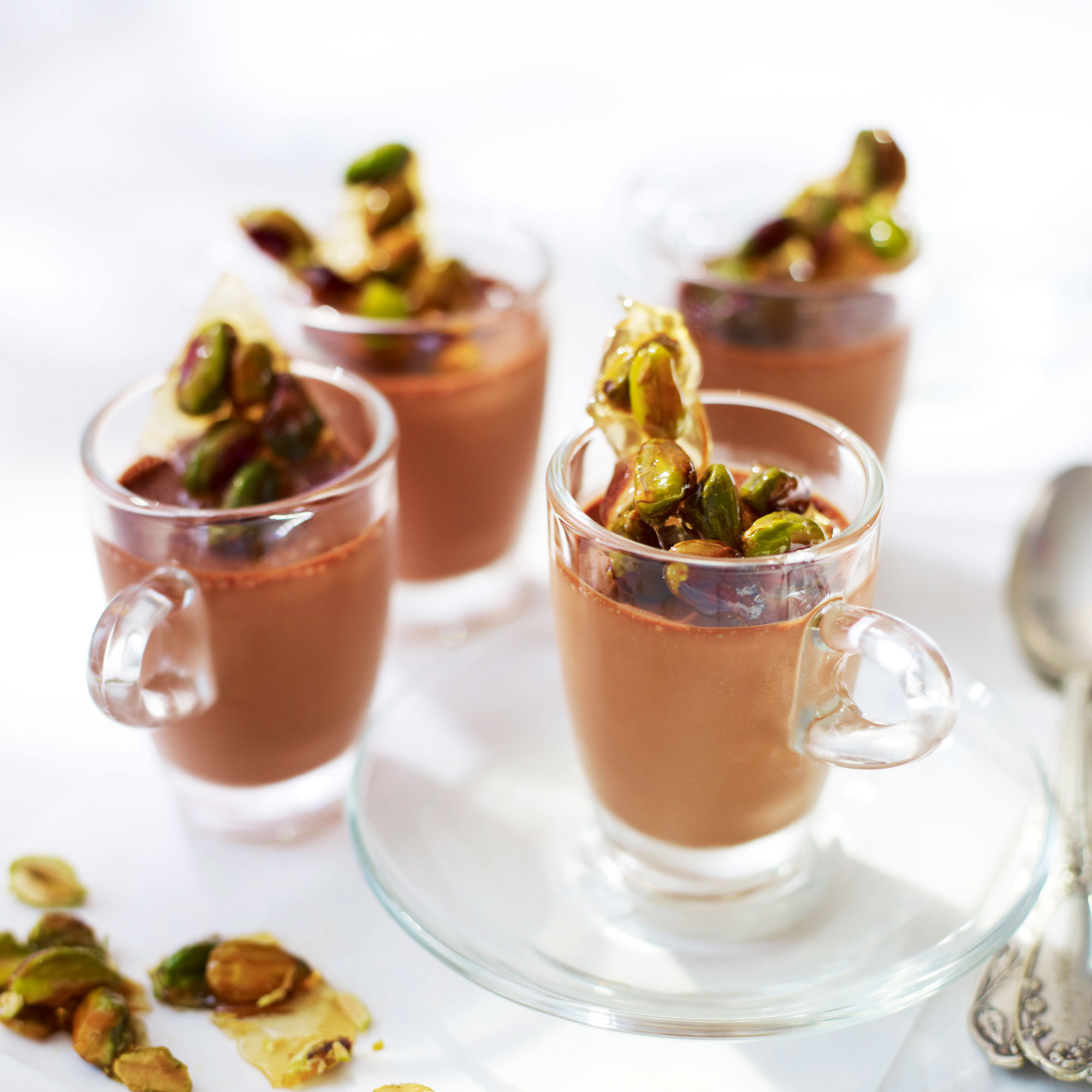White Tea Chocolate Pots with Pistachio Toffee