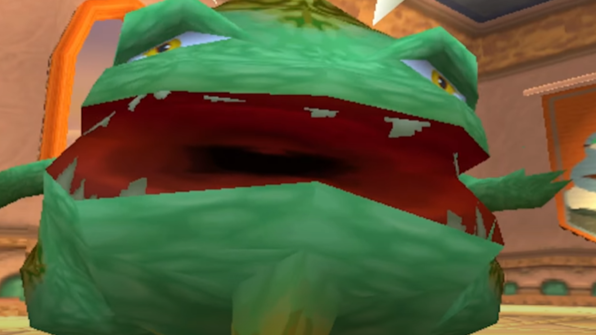 An image of Buzz, a cursed frog rabbit creature, with his rows of sharp teeth on display.