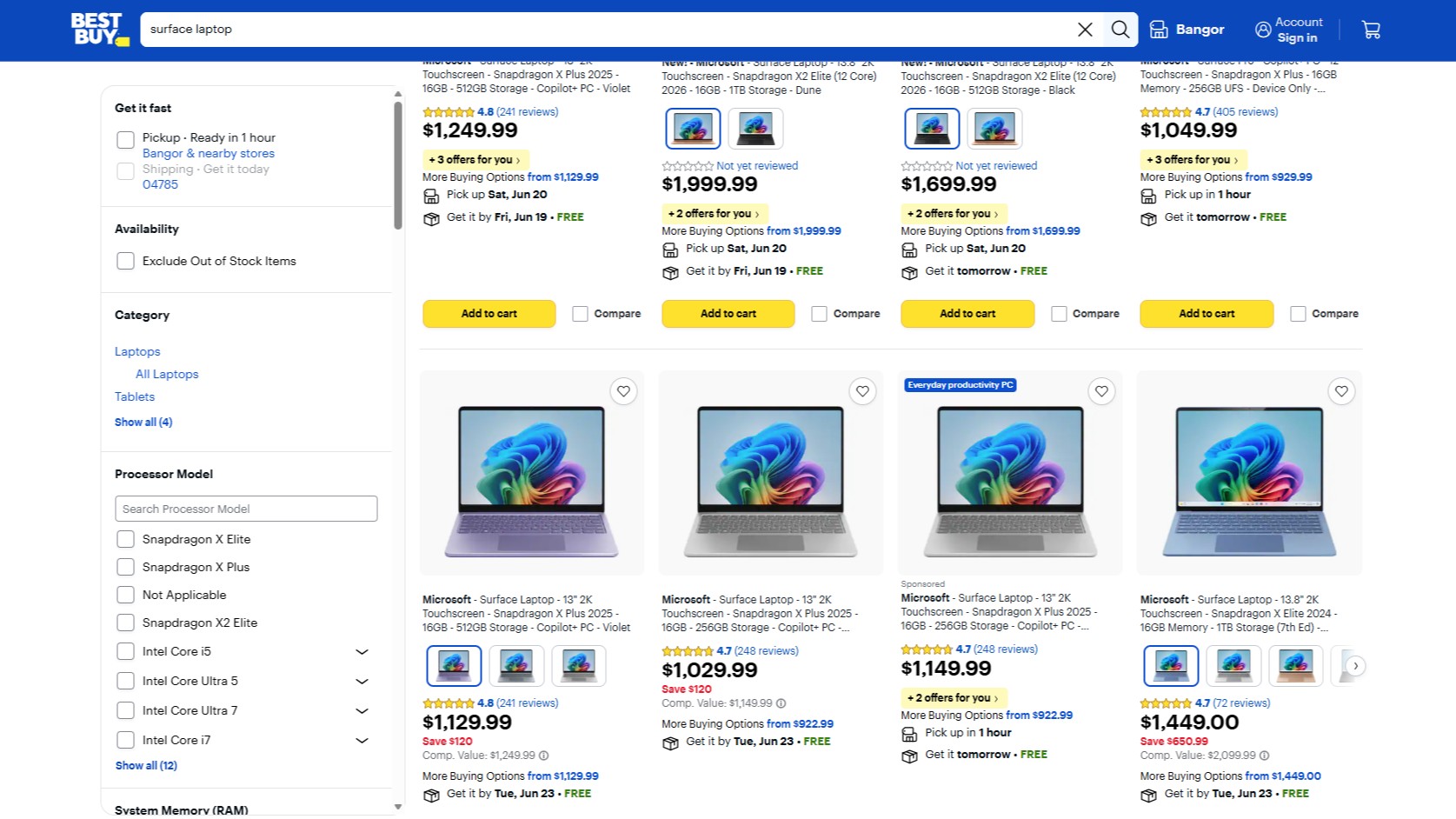 Surface Laptop listings on Best Buy's website showing several retail listings of premium laptops.