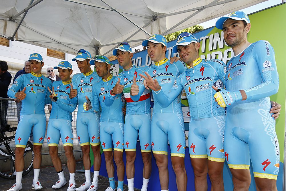 Astana celebrate their win at the team time trial at Trentino
