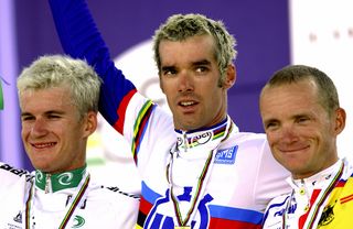 After David MIllar (center) was disqualified for doping, Michael Rogers was elevated to winner of the 2003 TT world championships