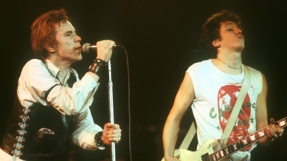  Lead singer Johnny Rotten and guitarist Steve Jones of the punk band &quot;The Sex Pistols&quot; perform their last concert in Winterland on January 14, 1978 in San Francisco, California