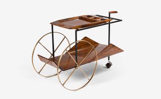 wooden tea cart with gold wheels