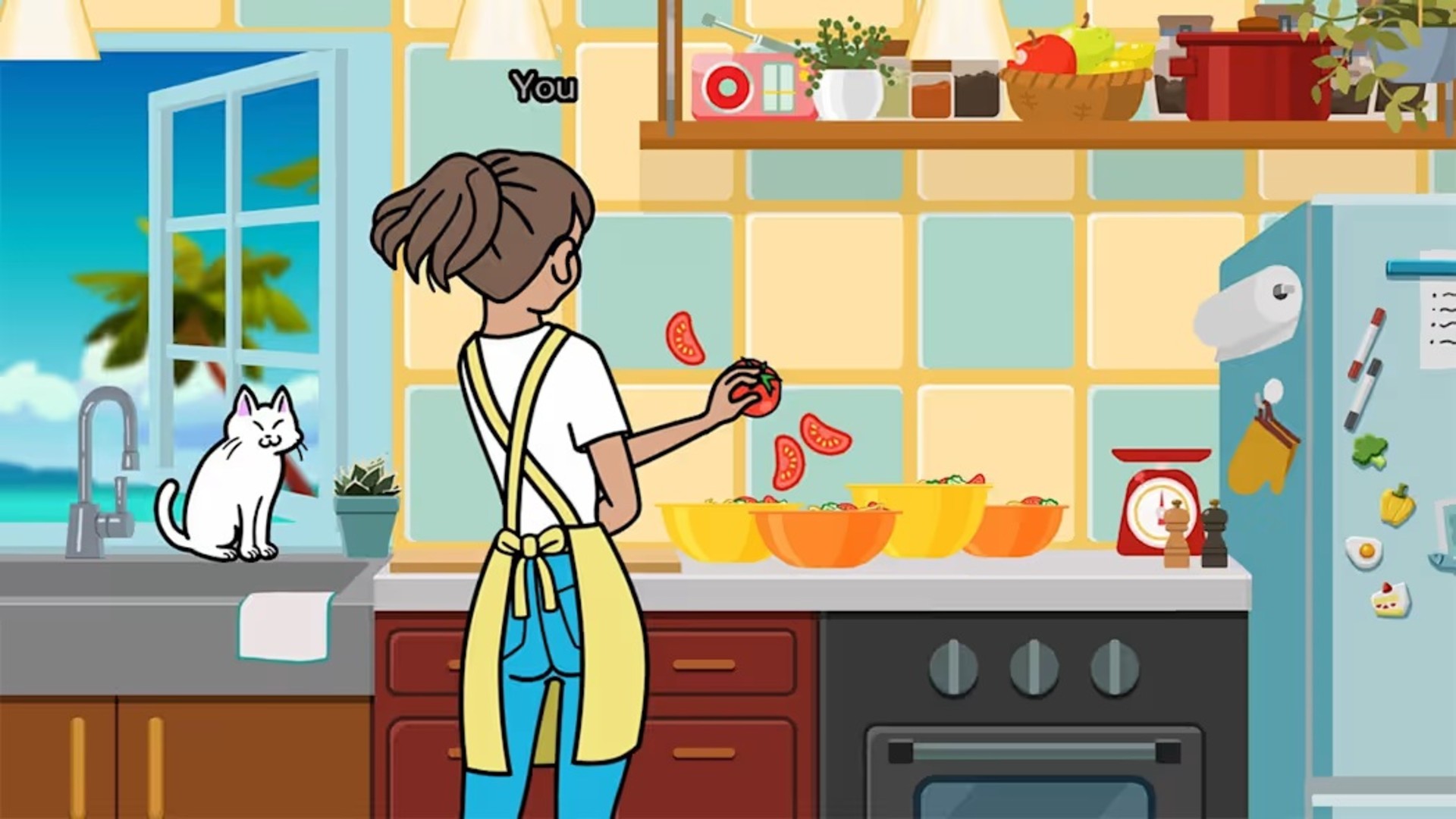 In Rhythm Heaven Groove, a woman in an apron chops fruit to the rhythm of the music