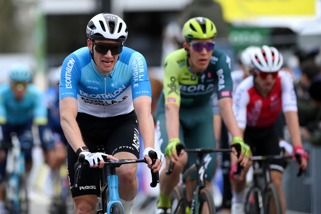 LES MUREAUX FRANCE MARCH 03 Sam Bennett of Ireland and Decathlon AG2R La Mondiale Team crosses the finish line during the 82nd Paris Nice 2024 Stage 1 a 1577km stage from Les Mureaux to Les Mureaux UCIWT on March 03 2024 in Les Mureaux France Photo by Alex BroadwayGetty Images